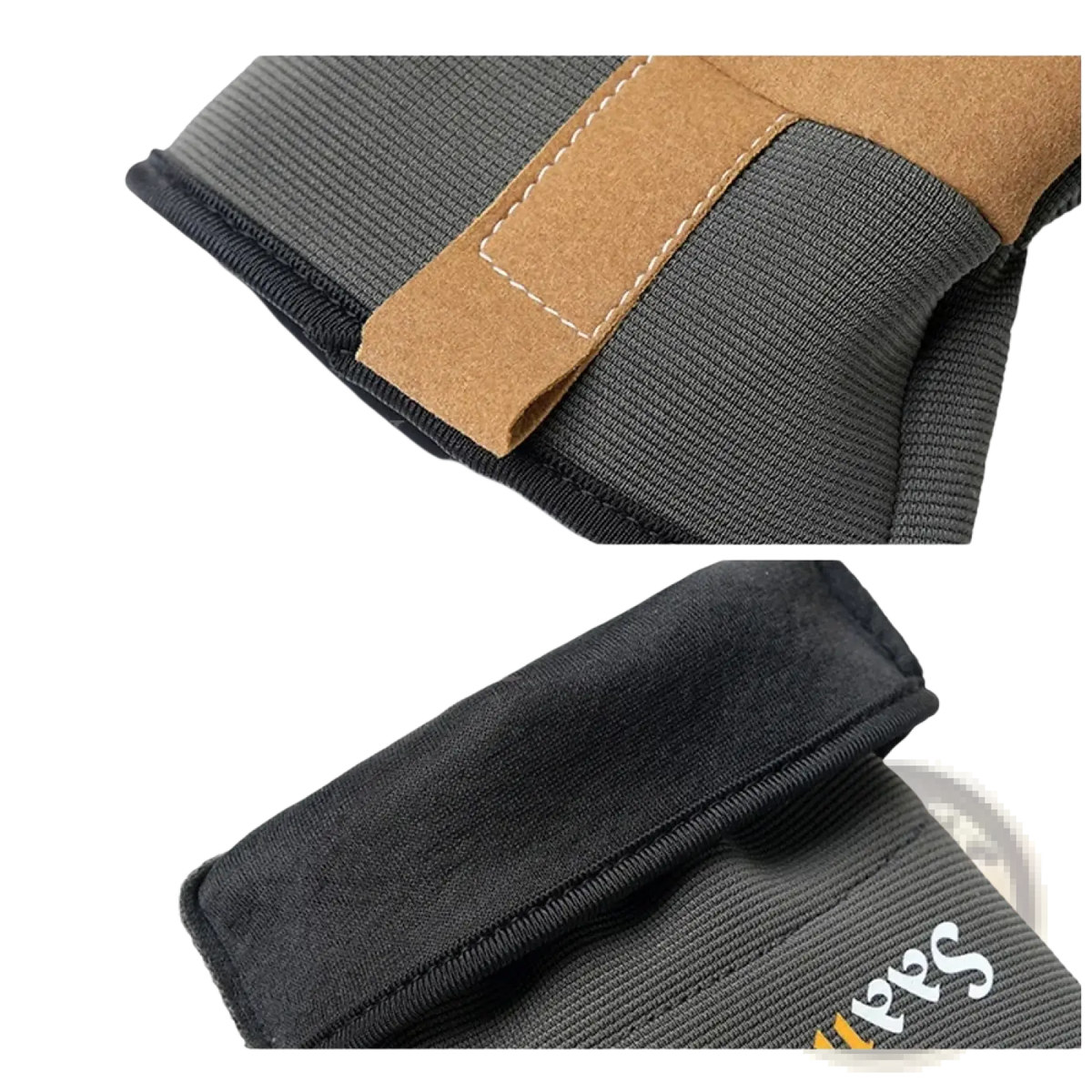 Dark gray touchscreen gardening work gloves with thickened anti-fabric knee pad tan leather patch and white stitching