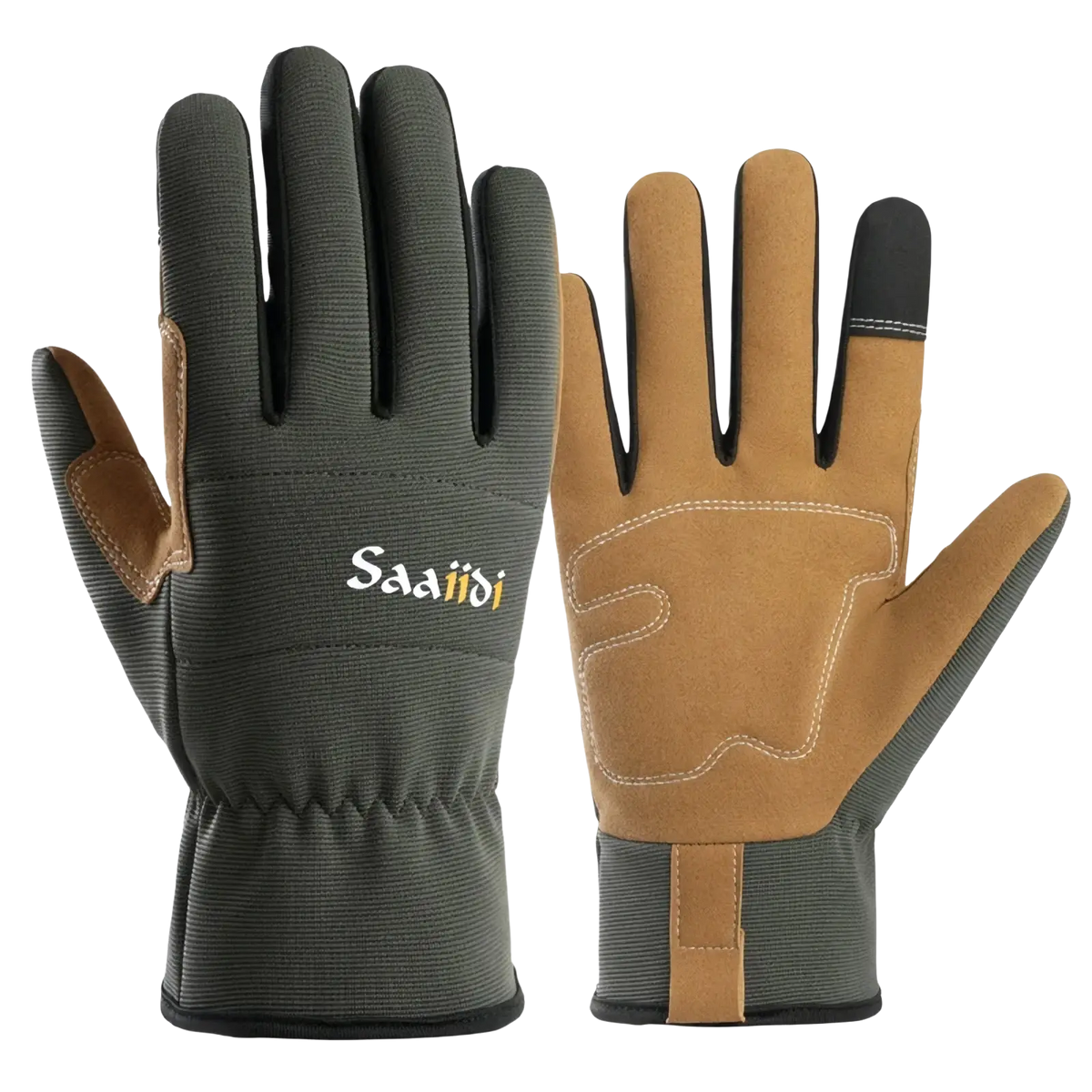 Grey and tan touchscreen gardening work gloves with reinforced palm patches and branded logo on the back of the hand
