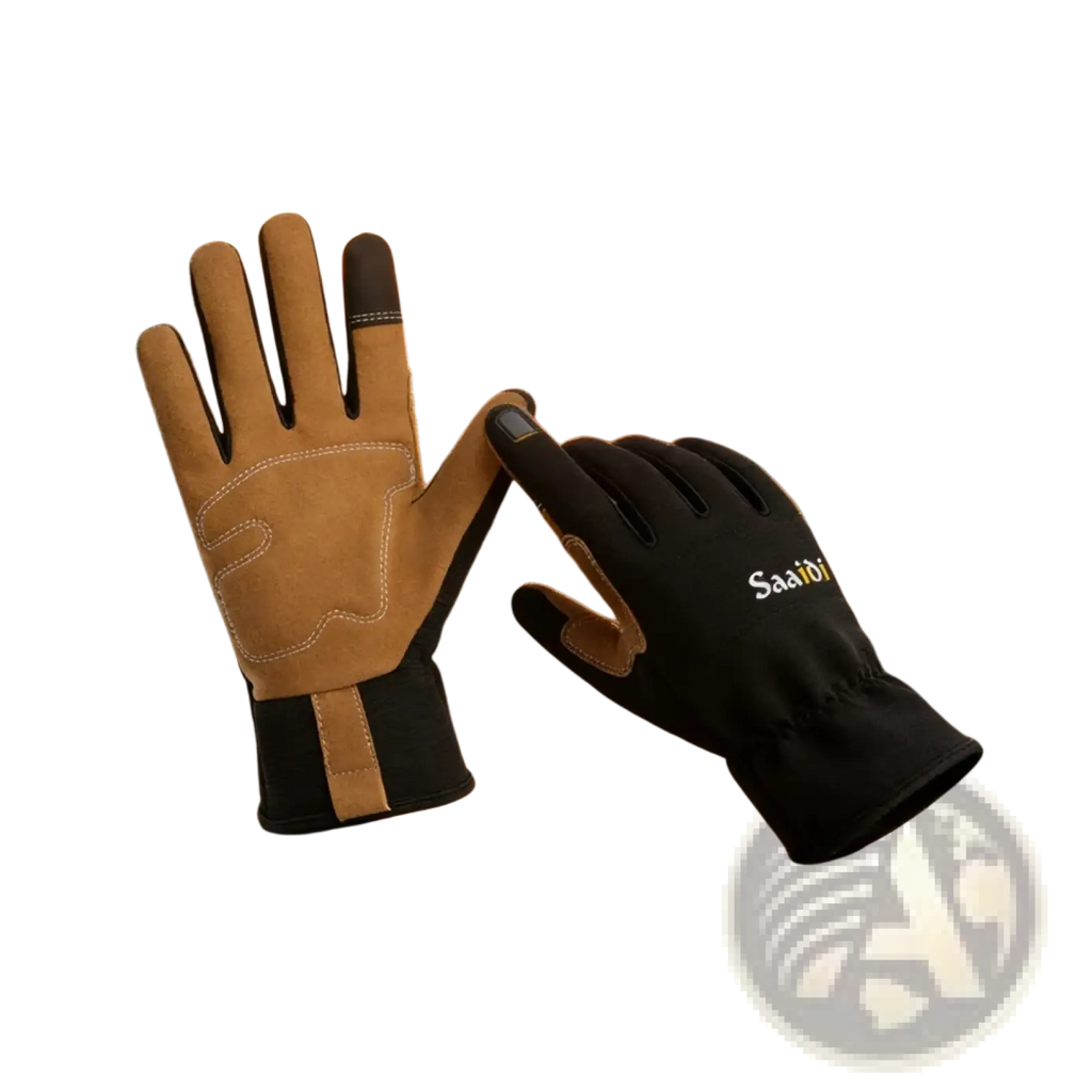 A pair of saabii touchscreen gardening work gloves in tan with black accents and all black with reinforced stitching