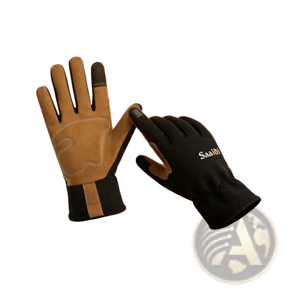 A pair of saabii touchscreen gardening work gloves in tan with black accents and all black with reinforced stitching