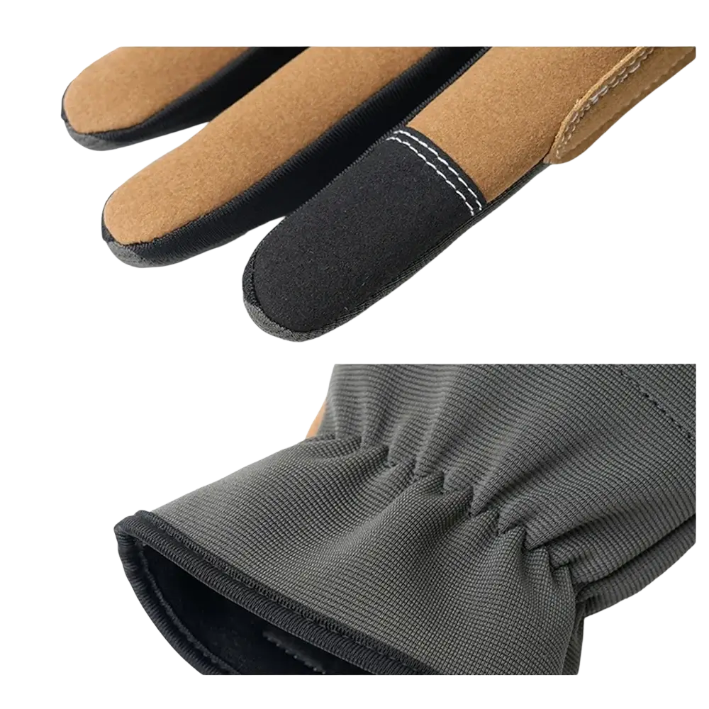 Tan and black touchscreen gardening work gloves with fine tapering design and anti slip grip shown from the back side