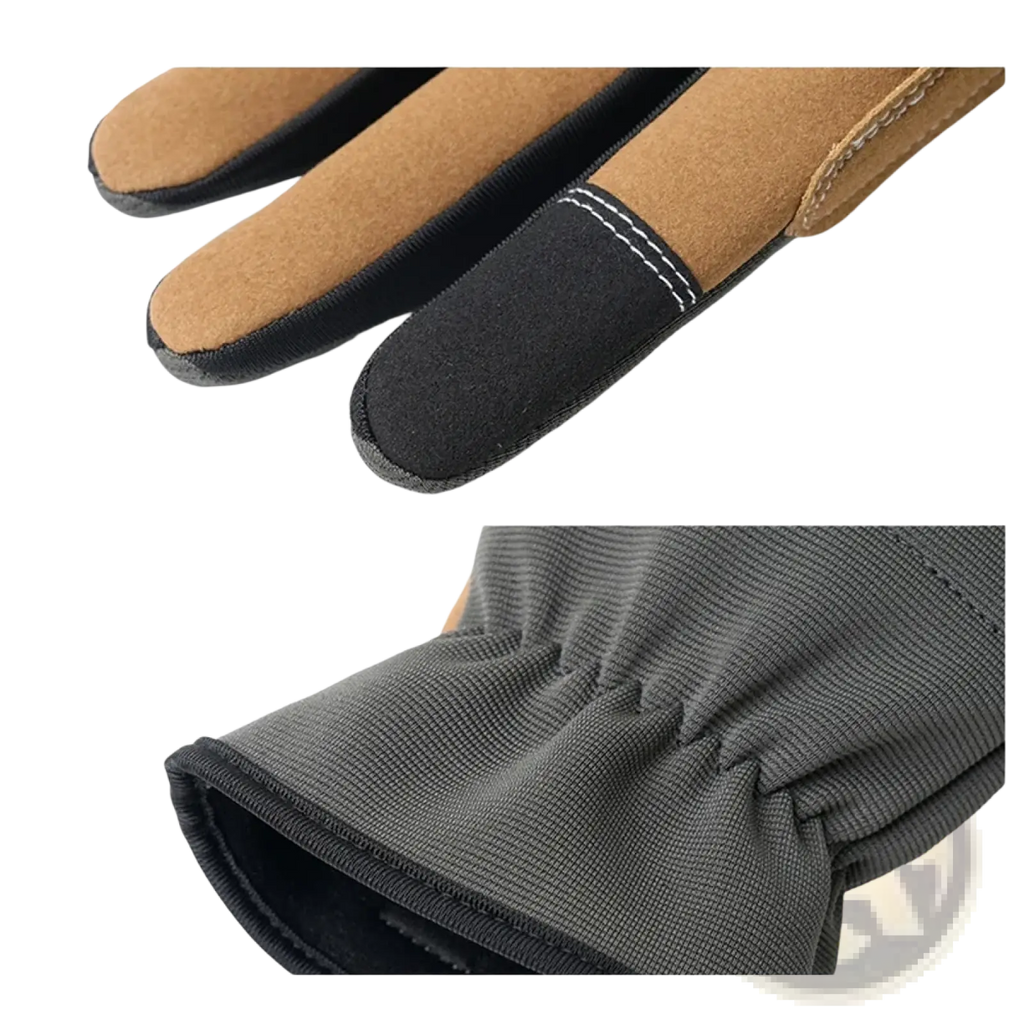 Tan and black touchscreen gardening work gloves with fine tapering design and anti slip grip shown from the back side