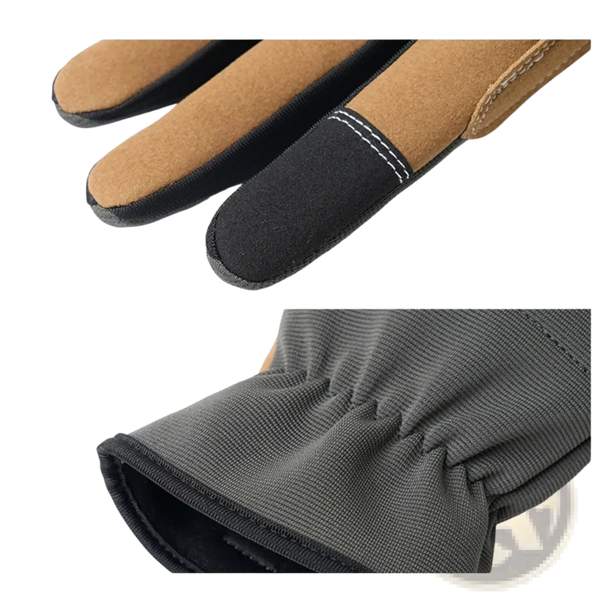 Tan and black touchscreen gardening work gloves with fine tapering design and anti slip grip shown from the back side