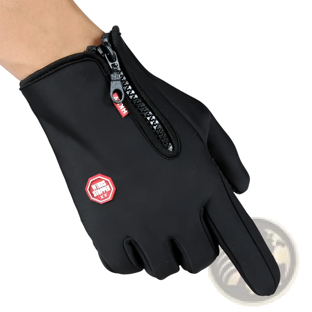 Black touchscreen-compatible ski and cycling glove with waterproof zipper and red hexagonal logo on back of hand