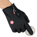 Black touchscreen-compatible ski and cycling glove with waterproof zipper and red hexagonal logo on back of hand