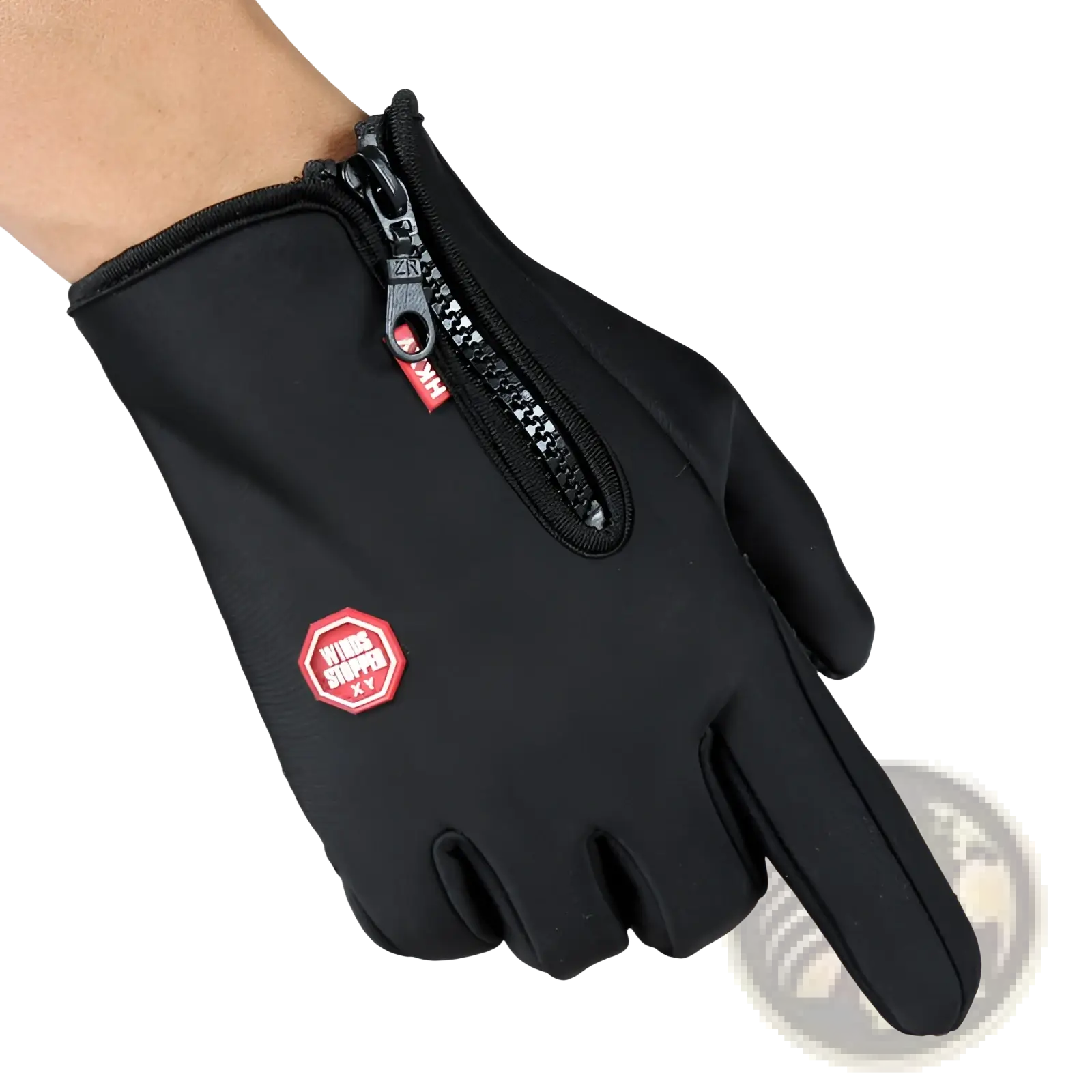 Black touchscreen-compatible ski and cycling glove with waterproof zipper and red hexagonal logo on back of hand