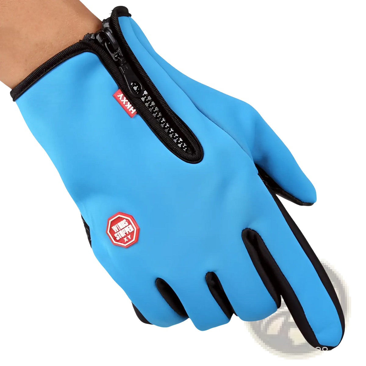 Bright blue waterproof touchscreen cycling glove with black zipper and reinforced fingertips shown from the back side