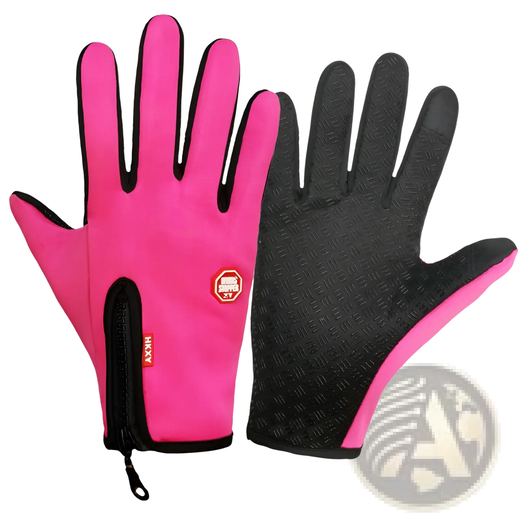 Bright pink and black waterproof touchscreen ski and cycling gloves with textured grip on the palms