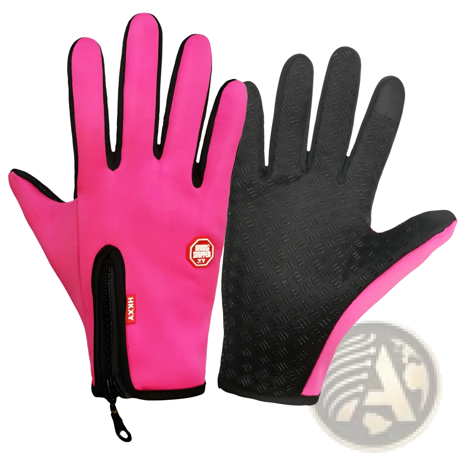 Bright pink and black waterproof touchscreen ski and cycling gloves with textured grip on the palms