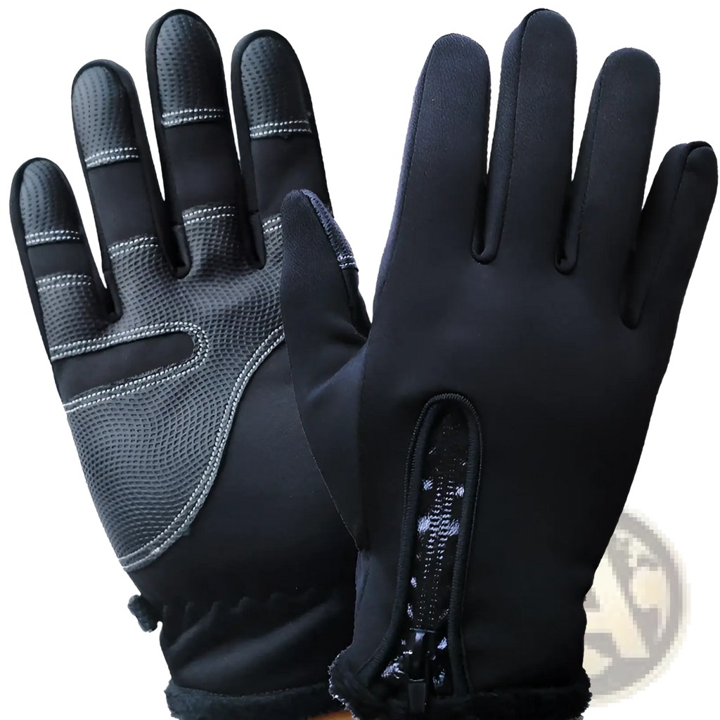 Black touchscreen ski and cycling gloves with reinforced mesh palms, gray stitching, and a zipper pocket on back side