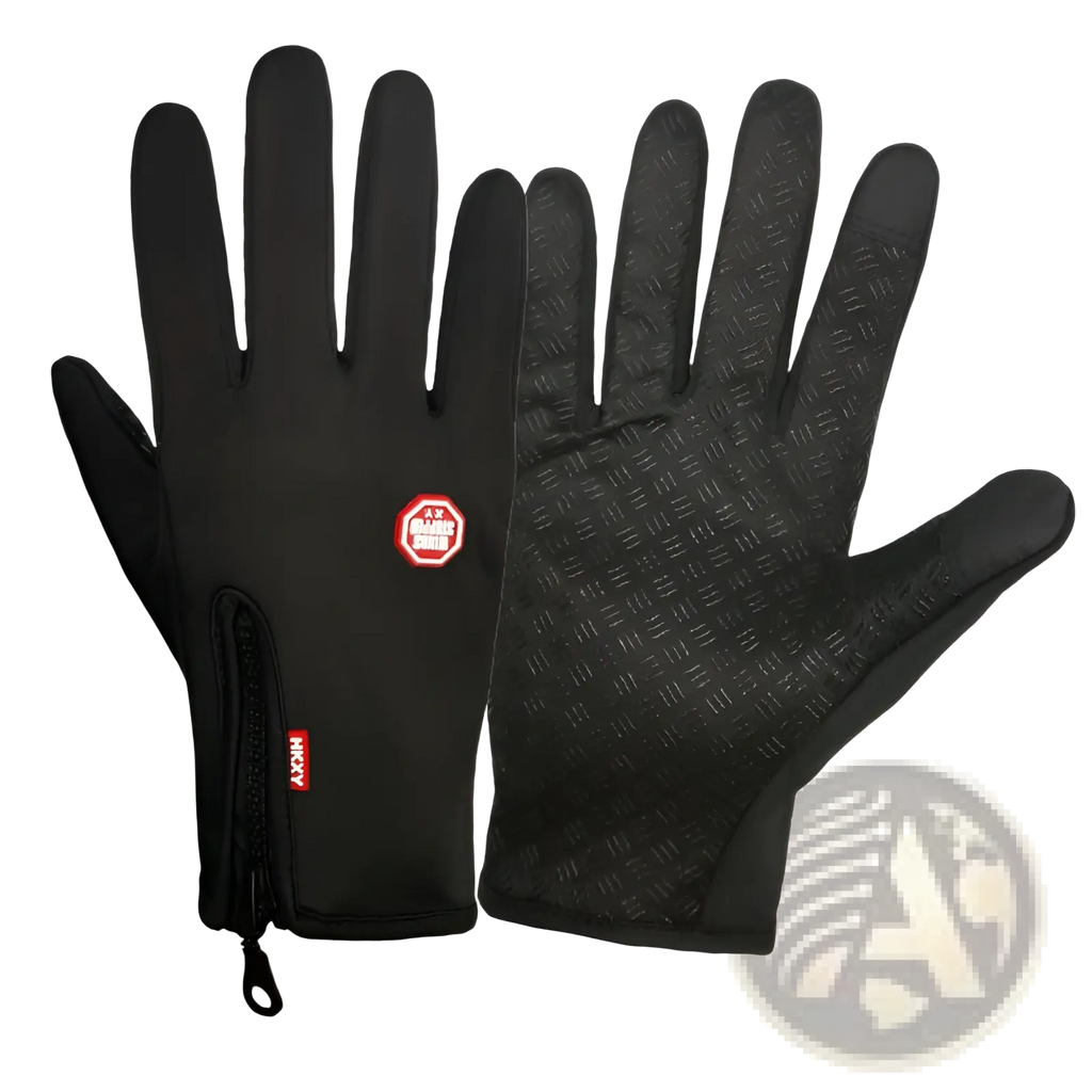 Black touchscreen ski and cycling gloves with textured grip palms and fingers red logo patch and zipper closure back view