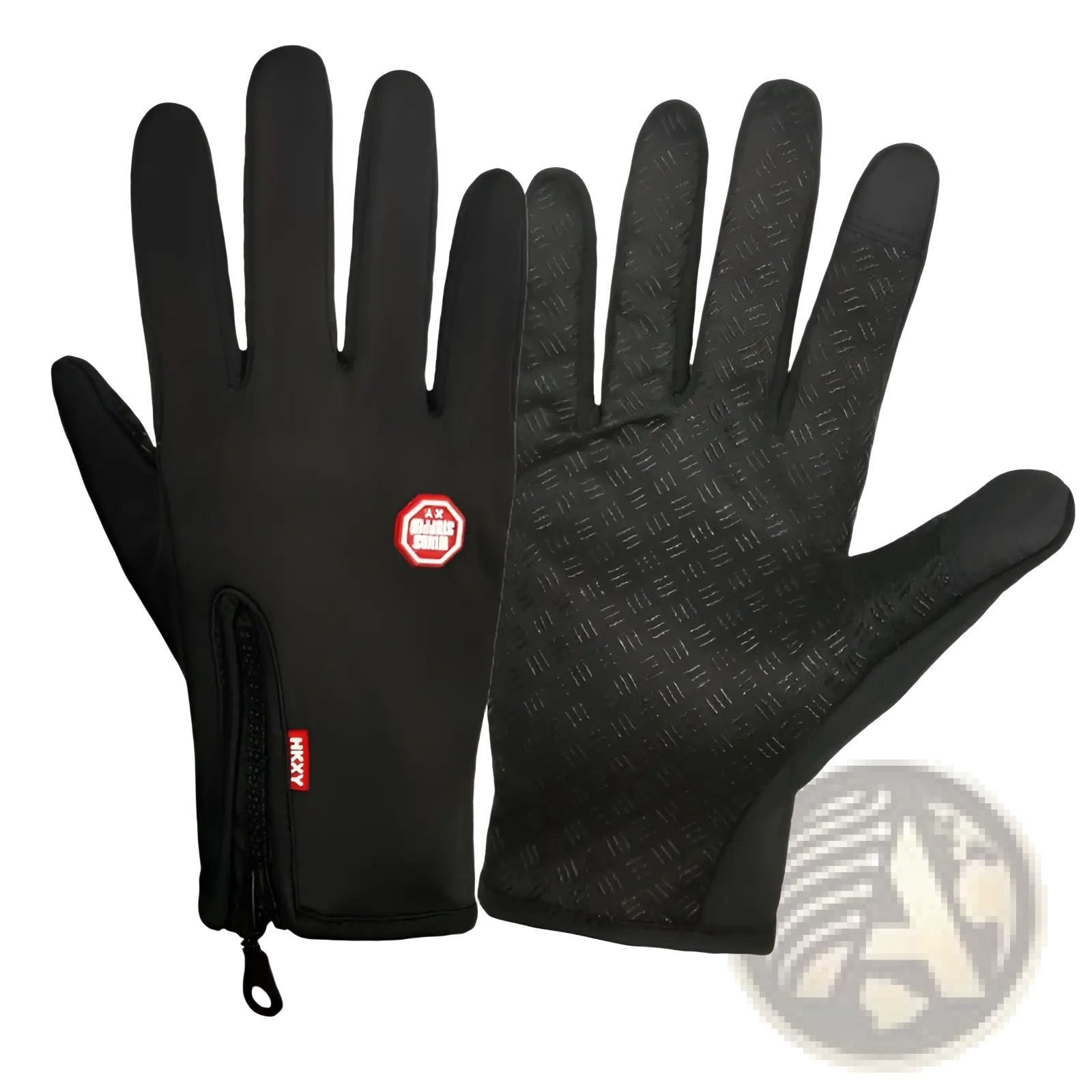 Black touchscreen ski and cycling gloves with textured grip palms and fingers red logo patch and zipper closure back view