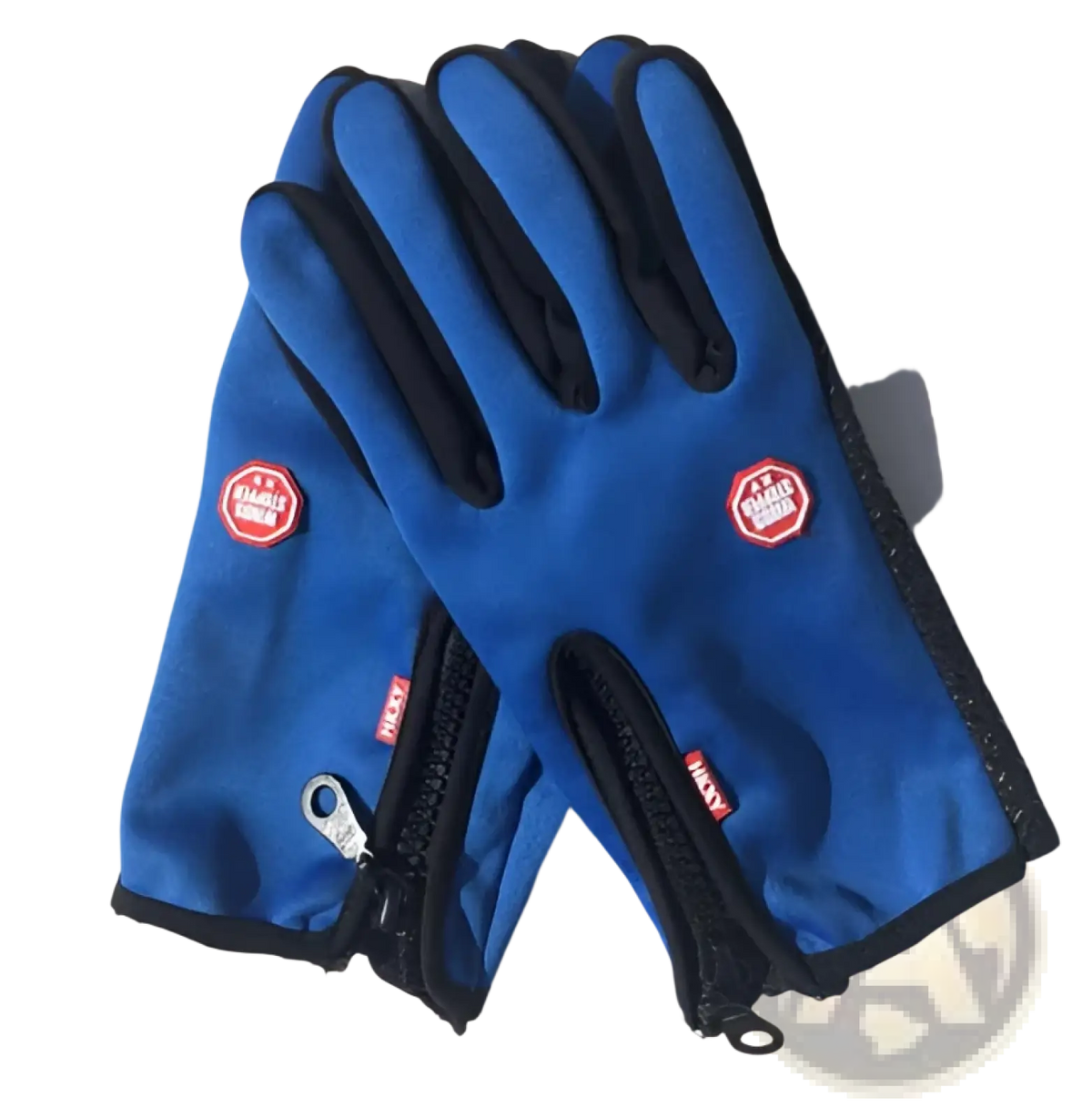 Back side of blue and black waterproof touchscreen ski and cycling gloves with zipper detail on each hand