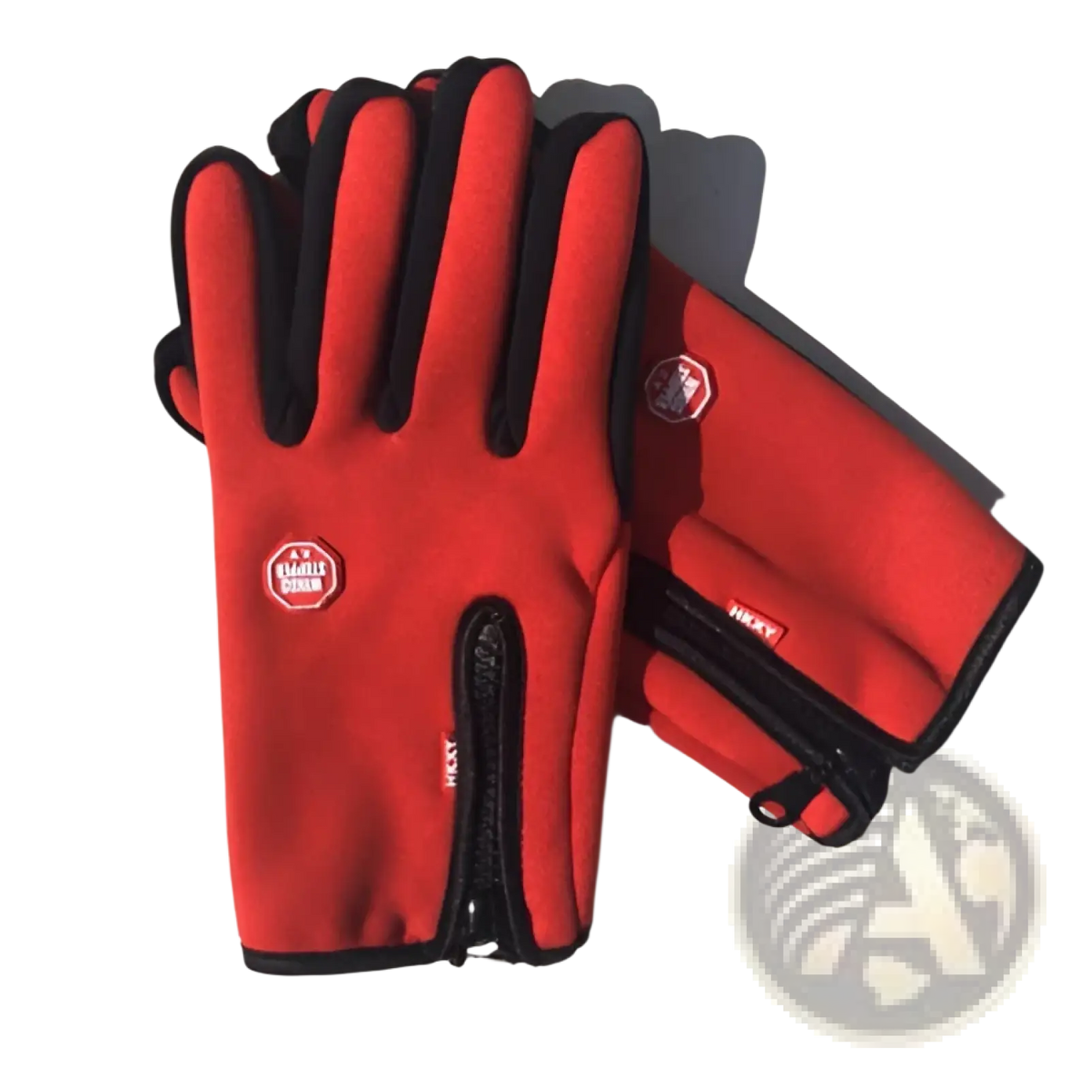 Red and black insulated touchscreen ski and cycling gloves with waterproof zipper and small circular logo patch on back side