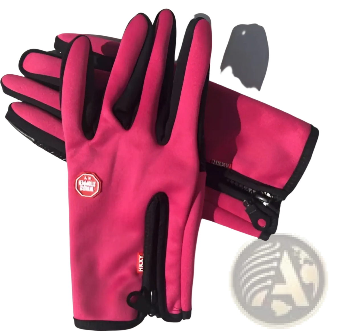 Pink and black insulated touchscreen ski and cycling gloves with waterproof material and wrist zipper showing the back side