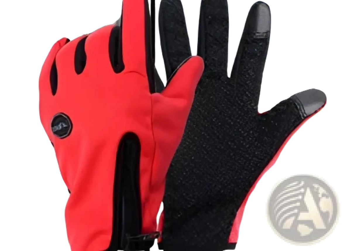 Red and black waterproof touchscreen ski and cycling gloves with a sleek sporty design shown from the back side
