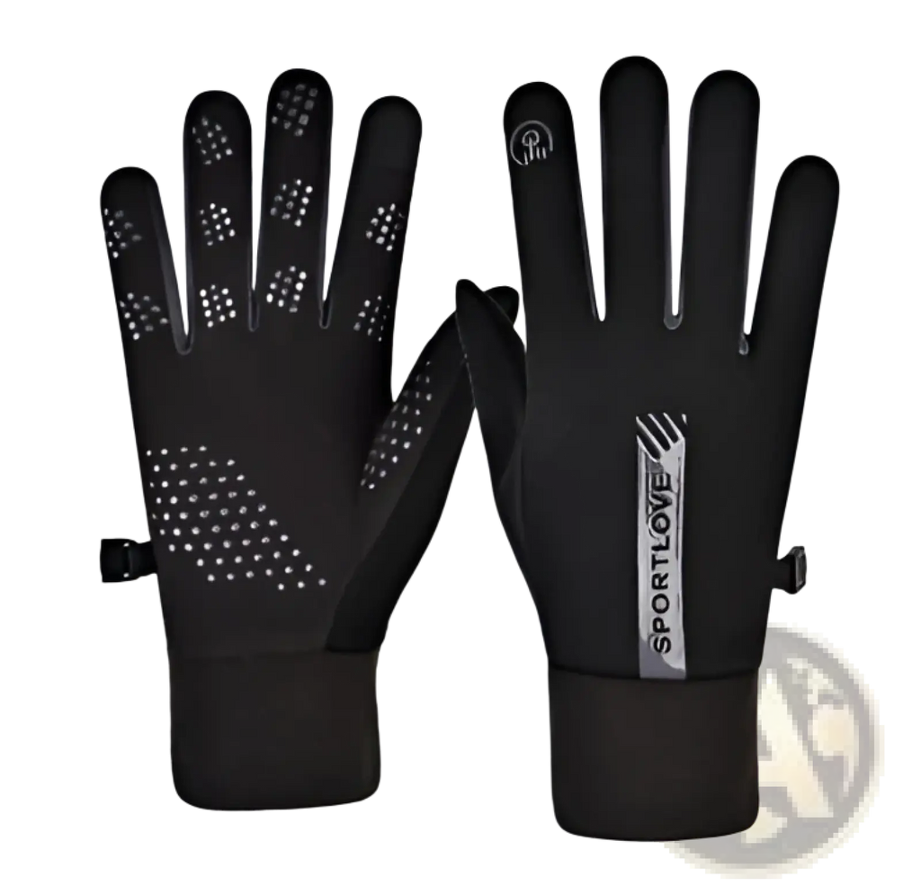 Black sportlove touchscreen sports gloves with textured grip dots and a gray logo strip on the wrist back side showing fleece warmth