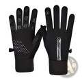 Black sportlove touchscreen sports gloves with textured grip dots and a gray logo strip on the wrist back side showing fleece warmth