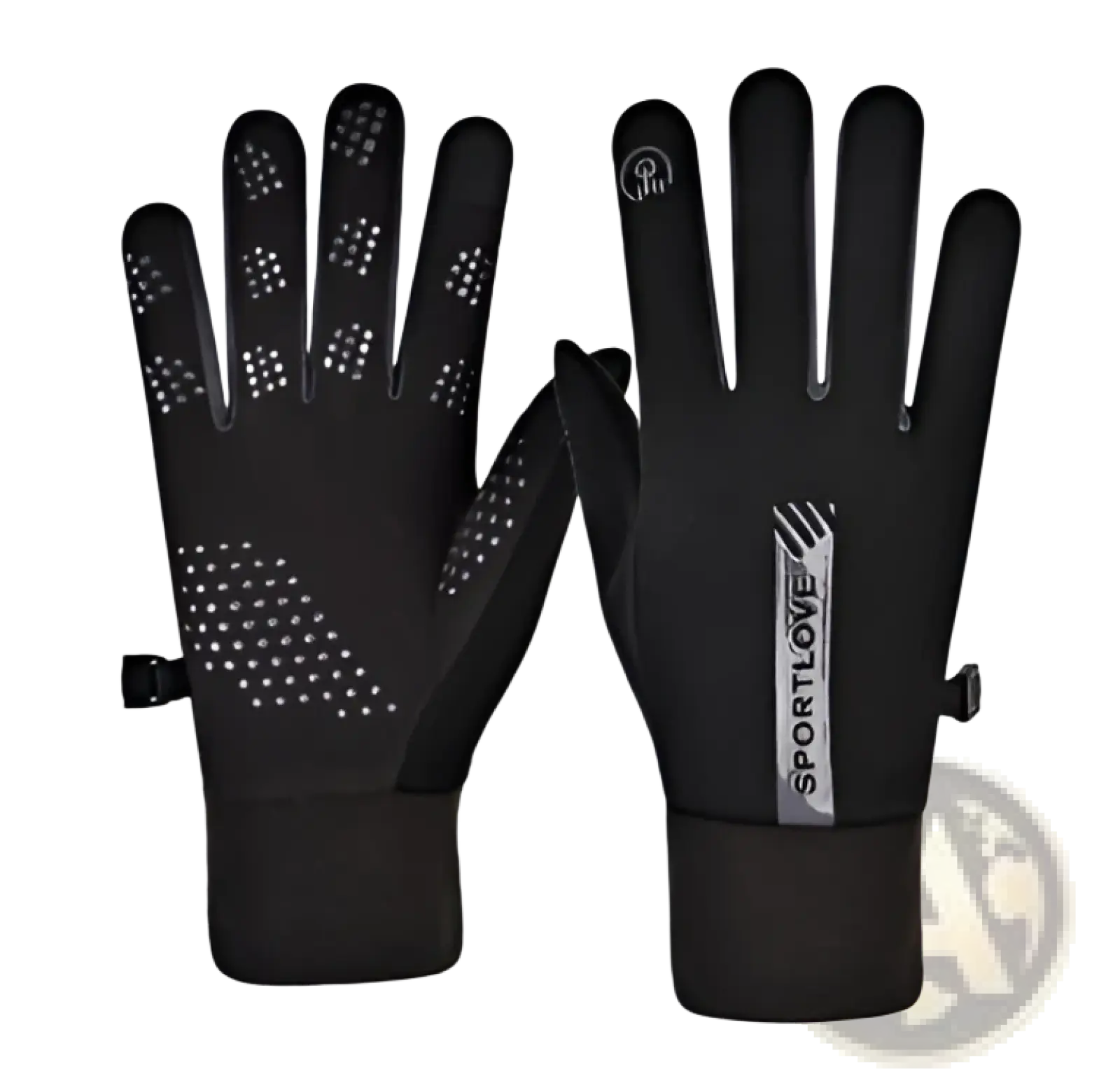 Black sportlove touchscreen sports gloves with textured grip dots and a gray logo strip on the wrist back side showing fleece warmth
