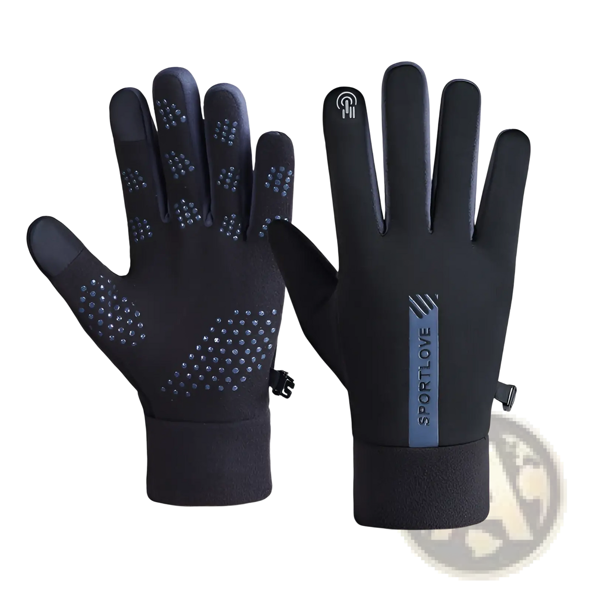 Black touchscreen sports gloves with blue dotted grip, fleece warm material, and sportlove logo on wristband back side
