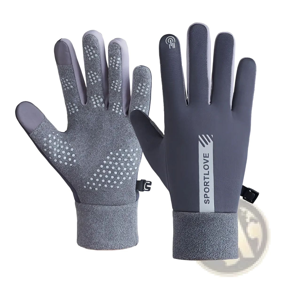 Gray touchscreen sports gloves with water repellent fleece warm material and textured grip dots on the fingers