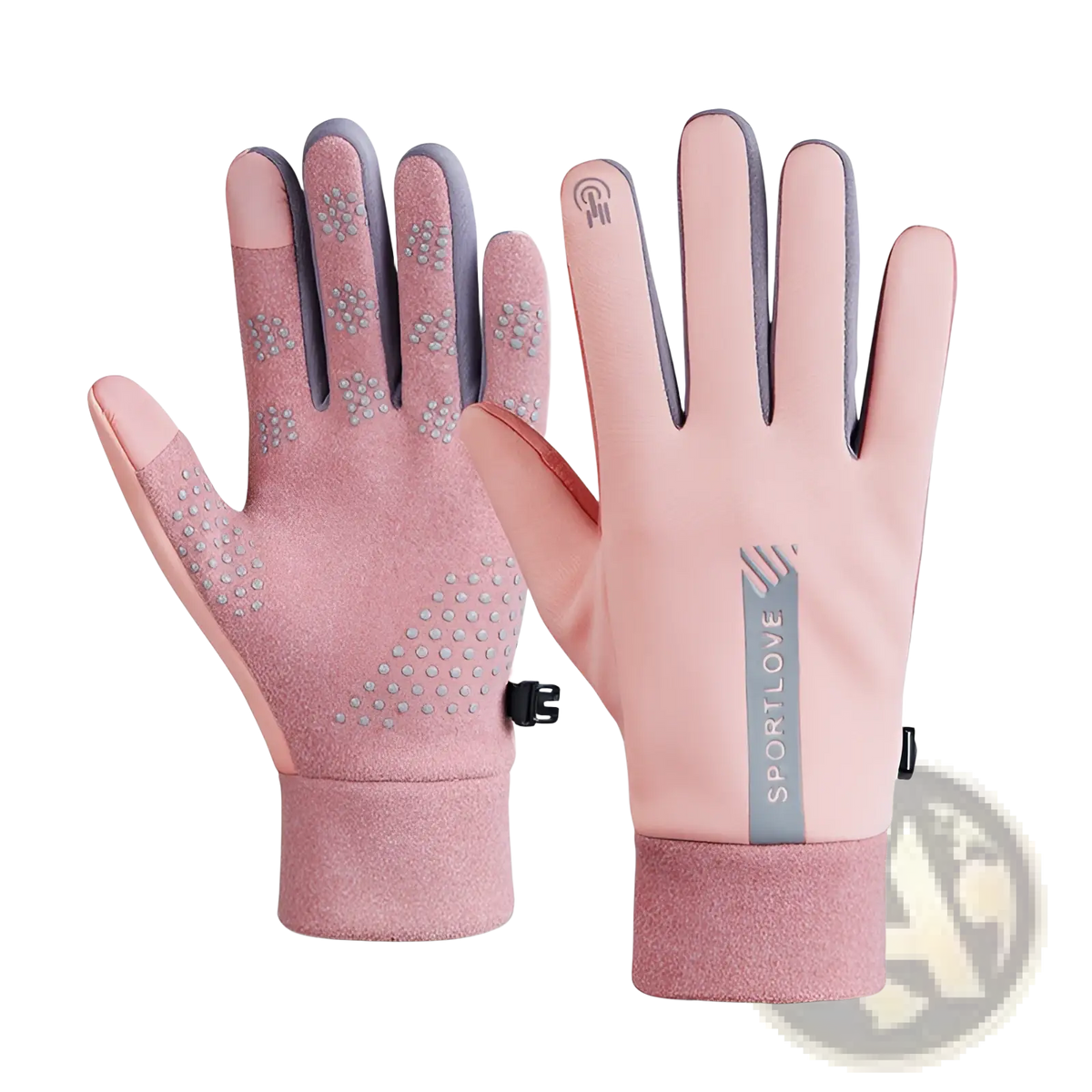 Pink sportlove touchscreen sports gloves with gray accents fleece warm water repellent textured grip dots on fingers