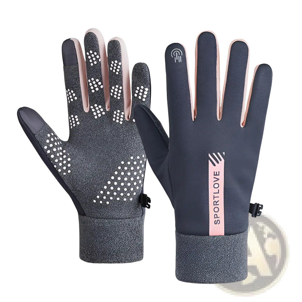 Dark gray and pink touchscreen sports gloves with fleece lining and textured grip dots water repellent and warm
