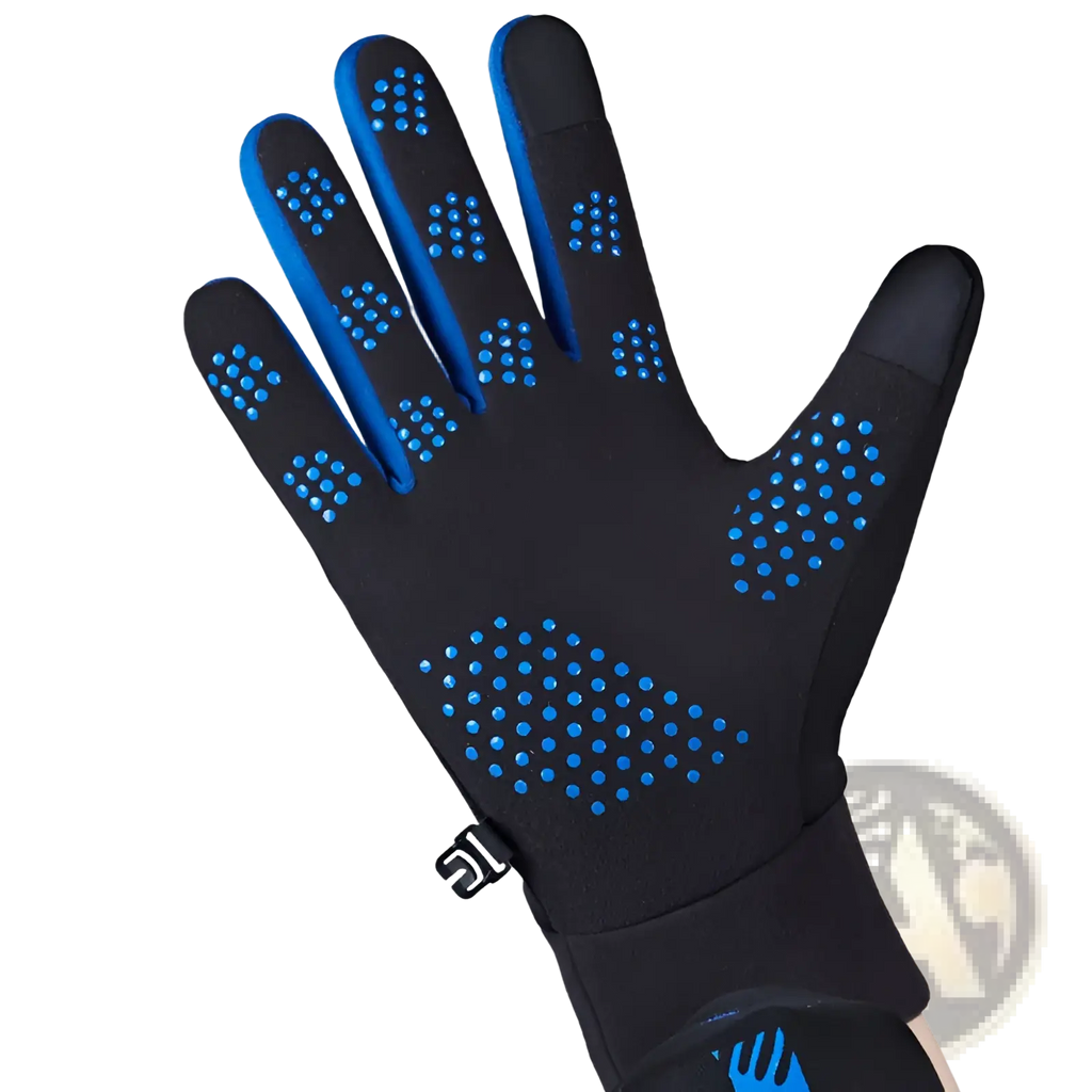 Black touchscreen sports glove with blue dotted grip patterns made of water repellent fleece for warmth and outdoor use