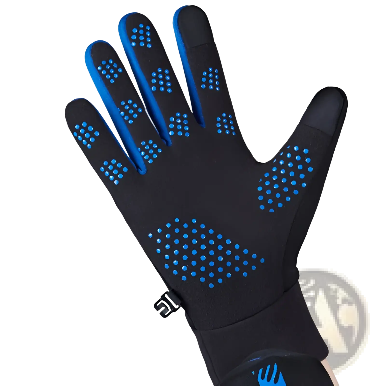 Black touchscreen sports glove with blue dotted grip patterns made of water repellent fleece for warmth and outdoor use