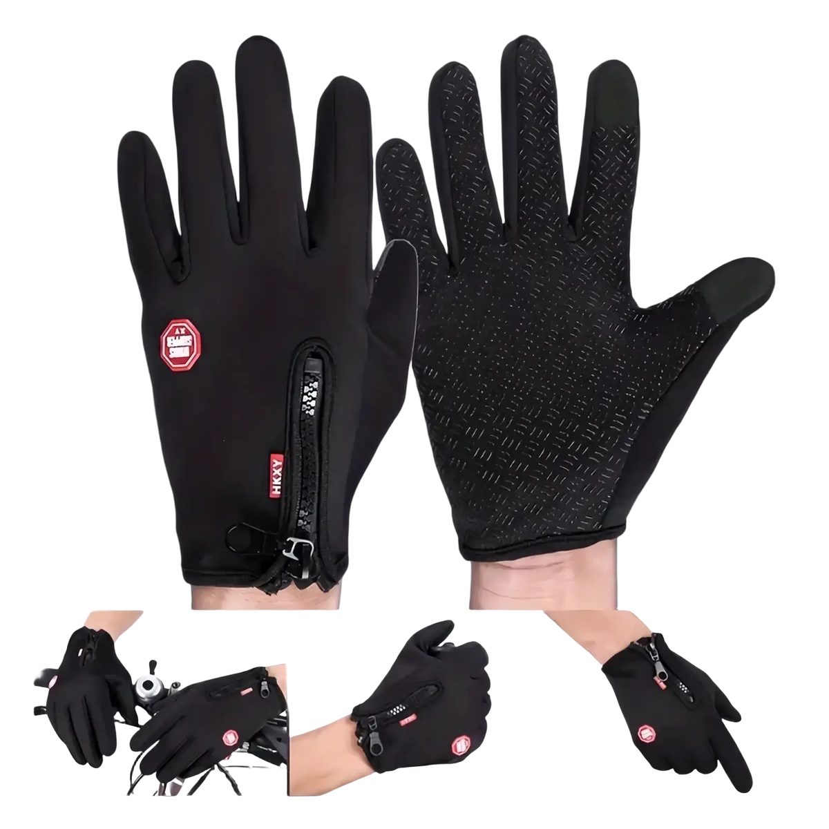 Black touchscreen winter cycling gloves with textured grip on palms and fingers featuring red branding details