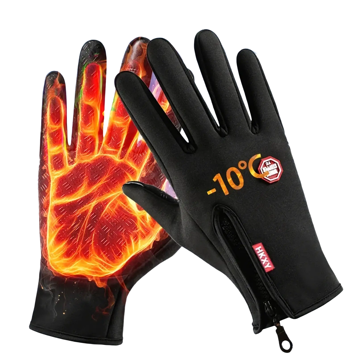 Black touchscreen winter cycling gloves with heated fiery palm design and minus 10 degrees Celsius branding on back