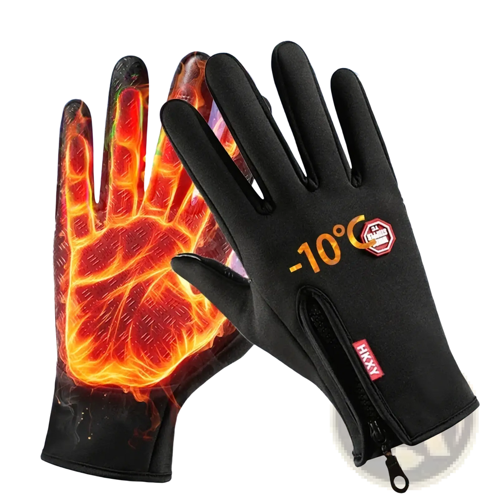 Black touchscreen winter cycling gloves with heated fiery palm design and minus 10 degrees Celsius branding on back