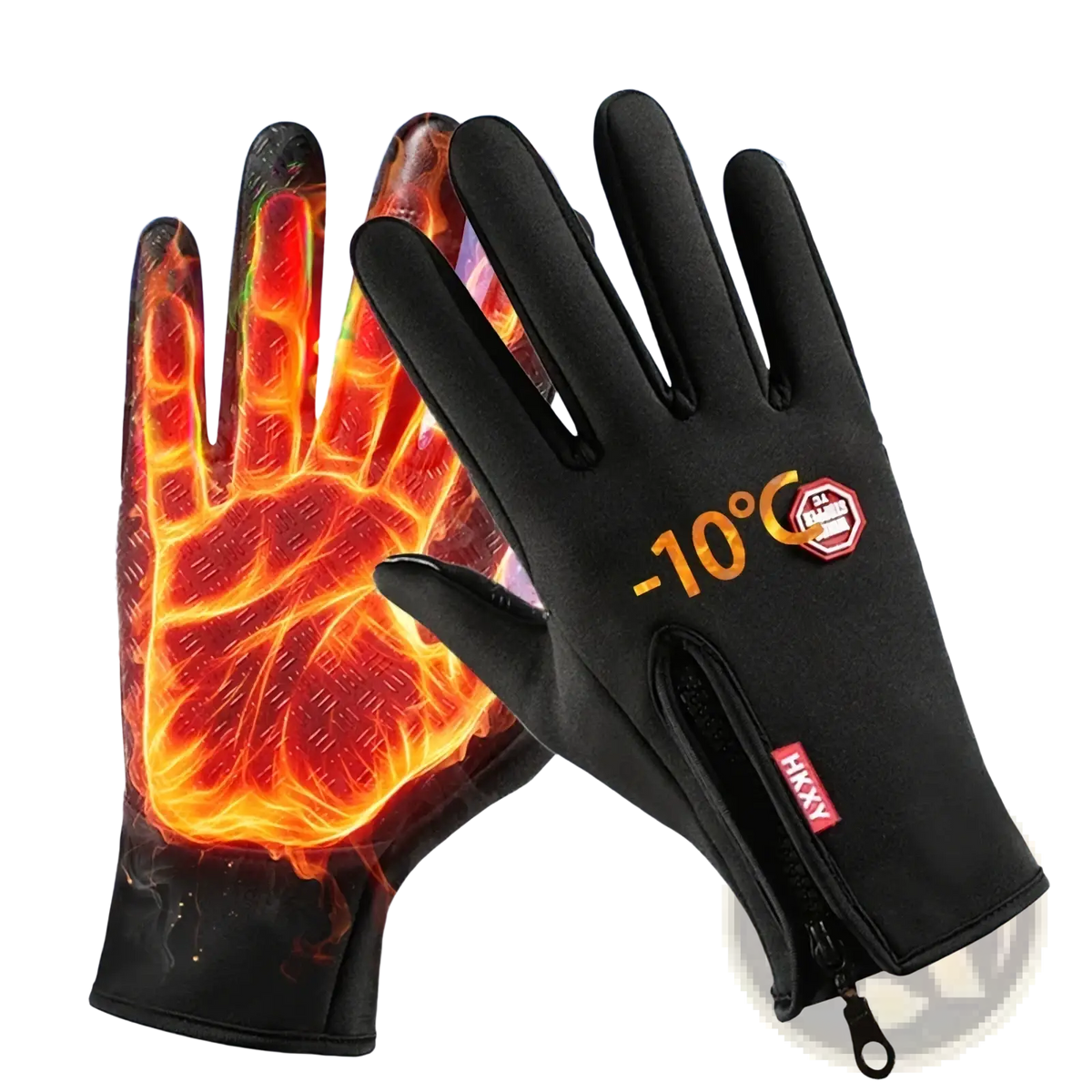 Black touchscreen winter cycling gloves with heated fiery palm design and minus 10 degrees Celsius branding on back