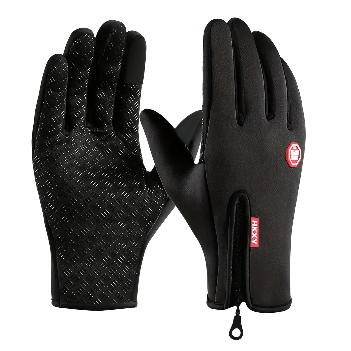 Black helly hansen touchscreen winter cycling gloves with textured palm grip and red logo patch visible on the back side