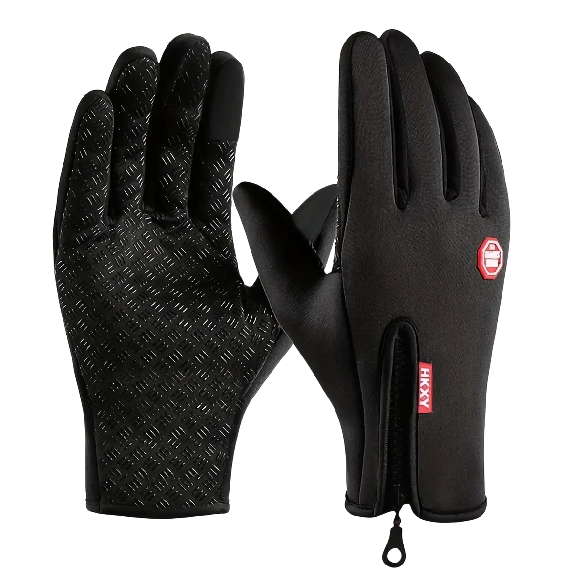 Black Hikxy touchscreen winter cycling gloves with textured palm grip and zippered wrist closure shown from the back side