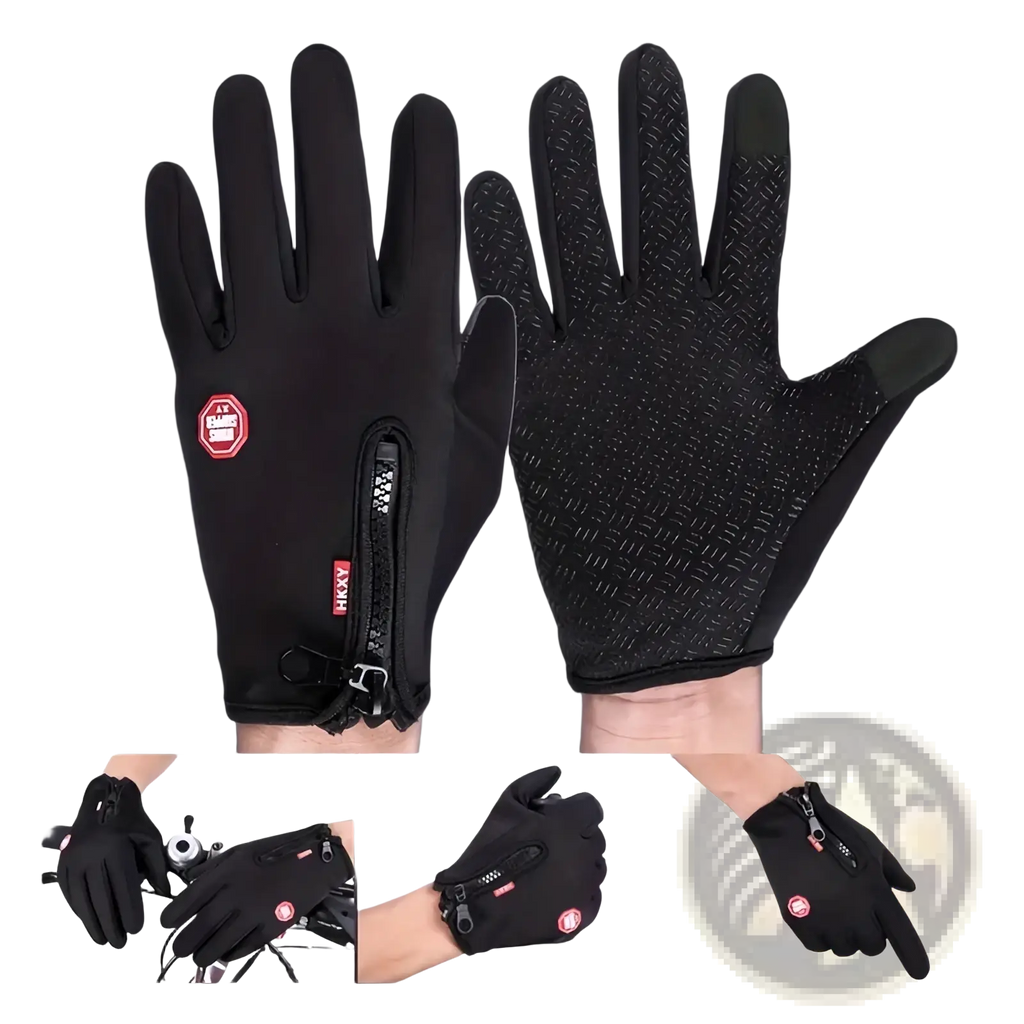 Black hxxy touchscreen winter cycling gloves with textured grip on palms and fingers and zippered wrist closure