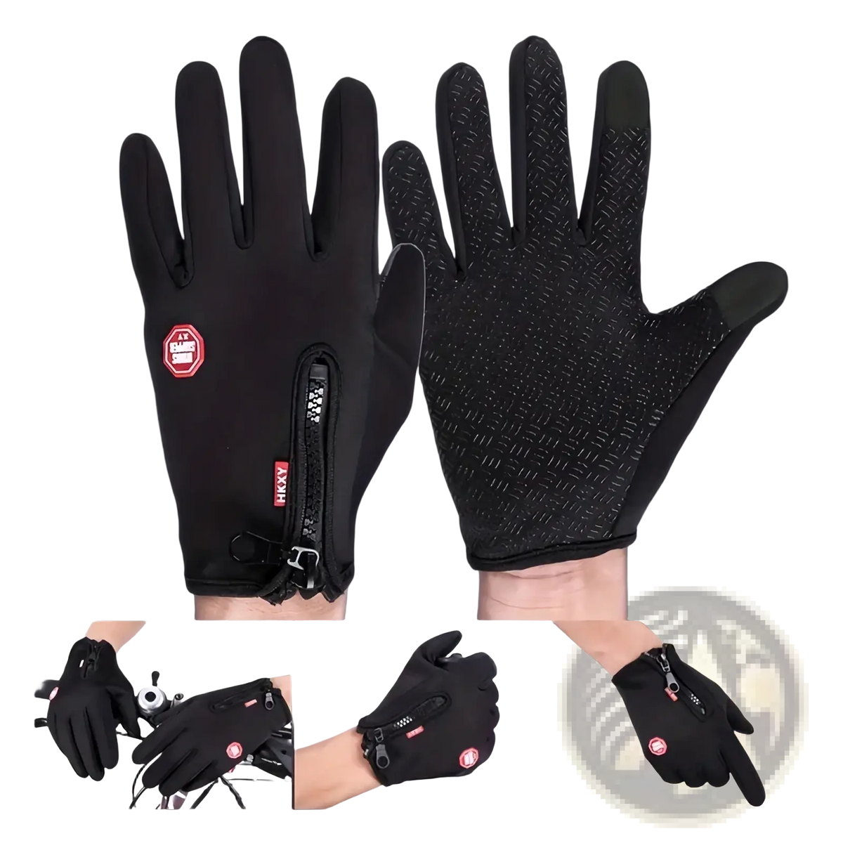 Black hxxy touchscreen winter cycling gloves with textured grip on palms and fingers and zippered wrist closure
