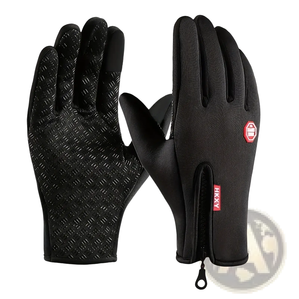 Black Hikxy touchscreen winter cycling gloves with textured palm grip and zippered wrist closure shown from the back side