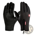 Black Hikxy touchscreen winter cycling gloves with textured palm grip and zippered wrist closure shown from the back side