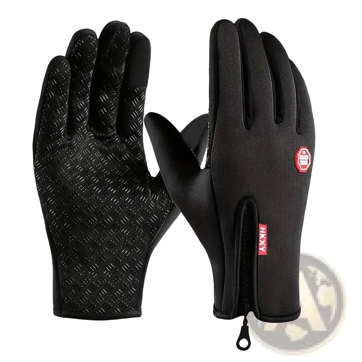 Black Hikxy touchscreen winter cycling gloves with textured palm grip and zippered wrist closure shown from the back side