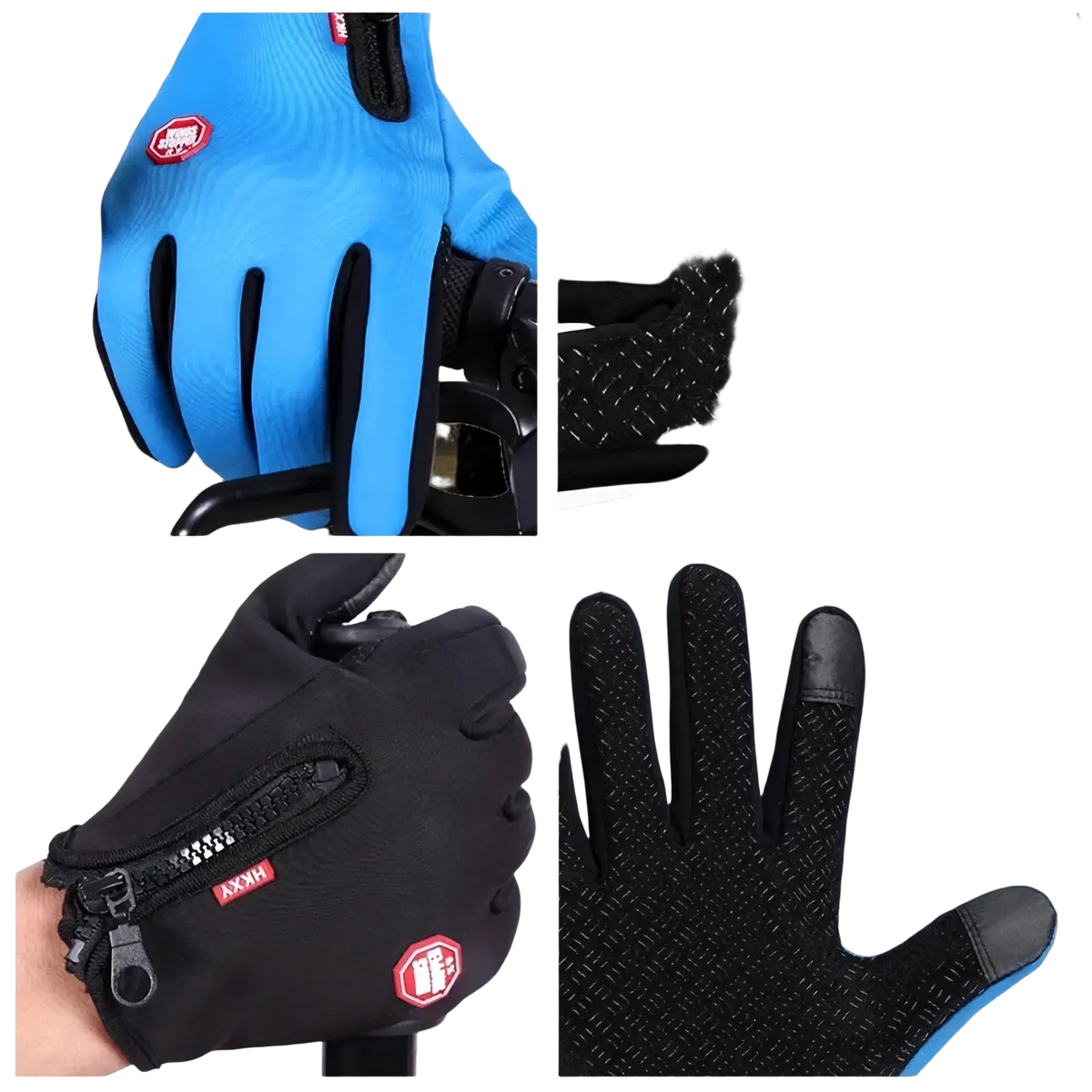 Blue and black touchscreen winter cycling gloves with textured grip surfaces and a zippered pocket on the back side