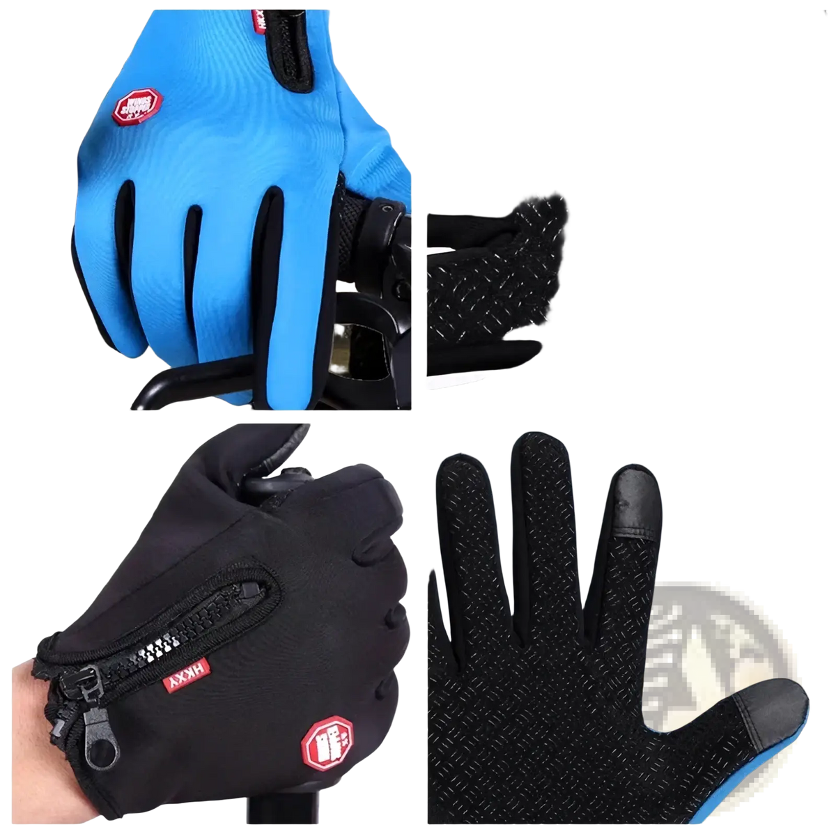 Blue and black touchscreen winter cycling gloves with textured grip surfaces and a zippered pocket on the back side