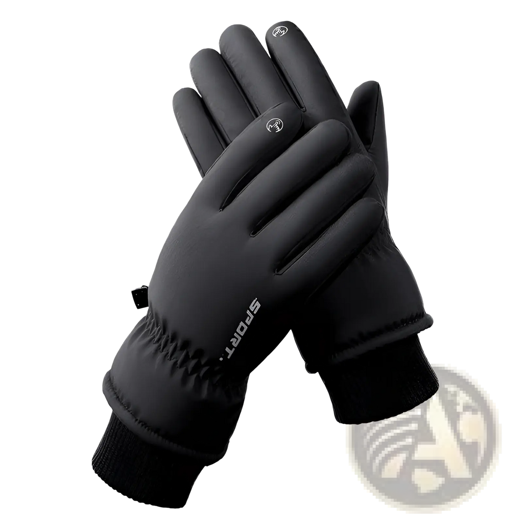Black insulated touchscreen winter cycling gloves with sleek textured surface and reinforced fingertips shown from back side