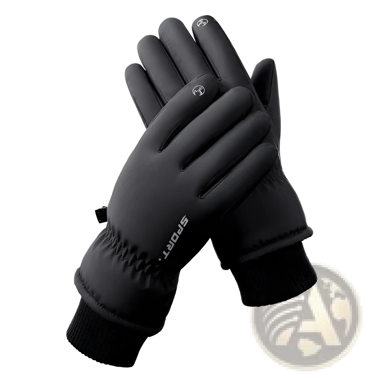 Black insulated touchscreen winter cycling gloves with sleek textured surface and reinforced fingertips shown from back side
