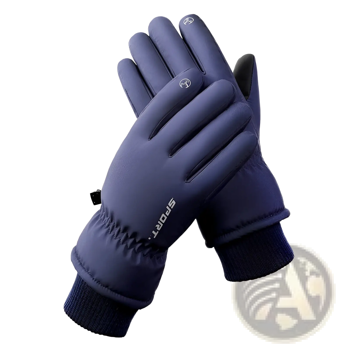 Navy blue insulated touchscreen winter cycling gloves with waterproof material and snug wrist cuff shown from back side