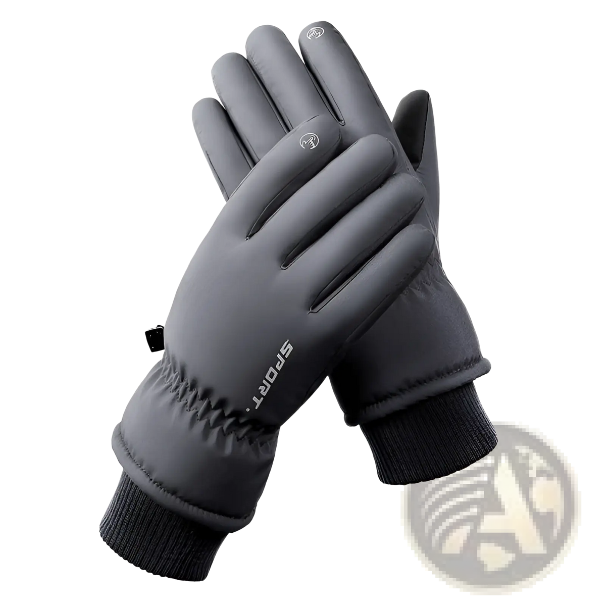 Black insulated touchscreen winter cycling gloves with snug ribbed cuffs and sport branding on the back side wrist