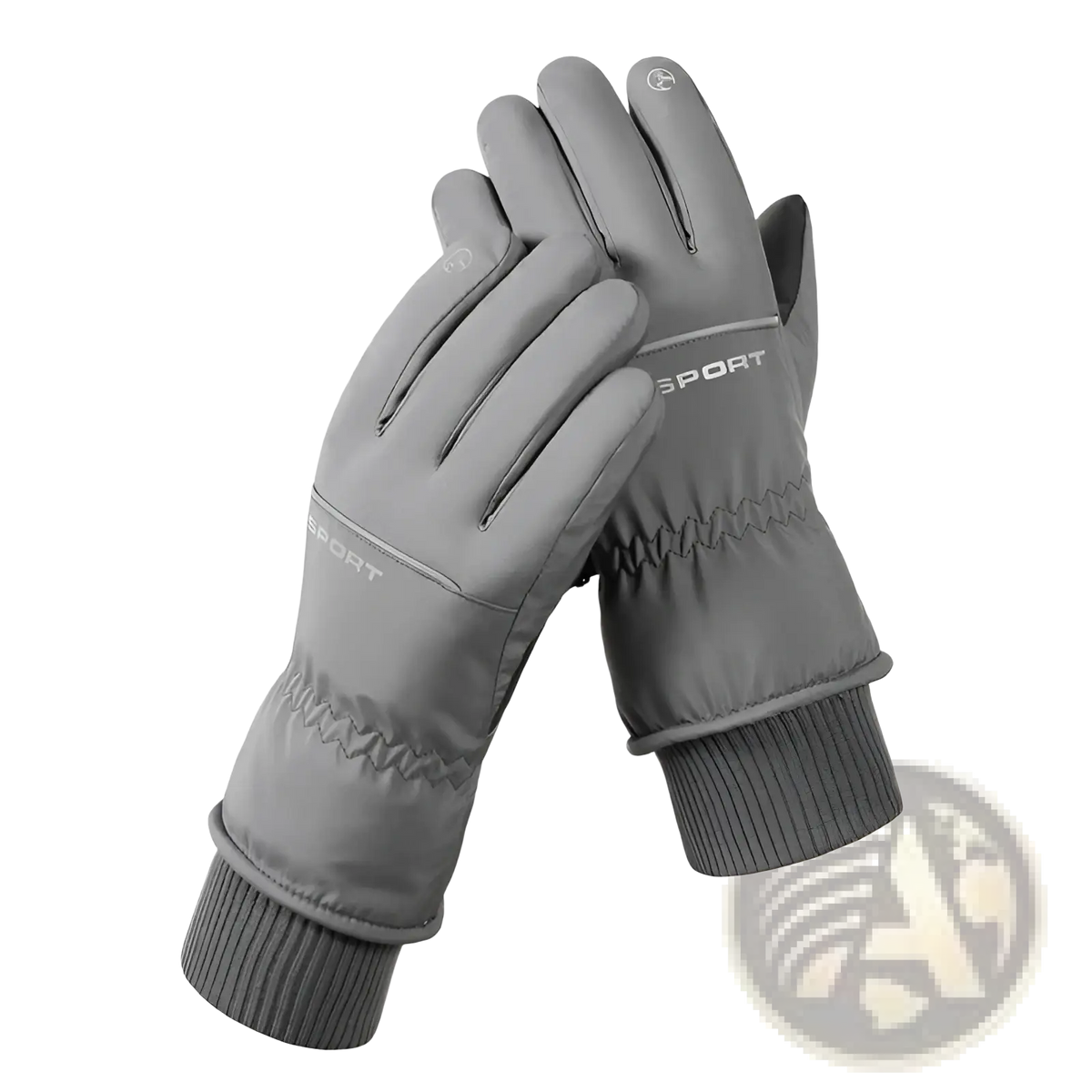 Gray insulated touchscreen winter cycling gloves with textured fabric and ribbed cuffs for warmth and waterproof protection