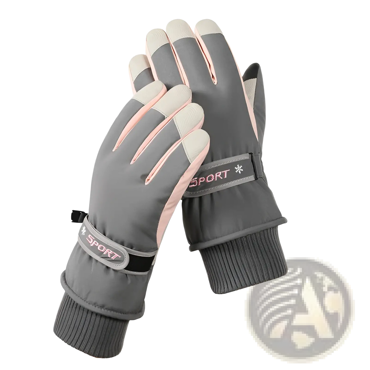 Gray and pink touchscreen winter cycling gloves with reinforced fingertips and sporty design visible on the back side