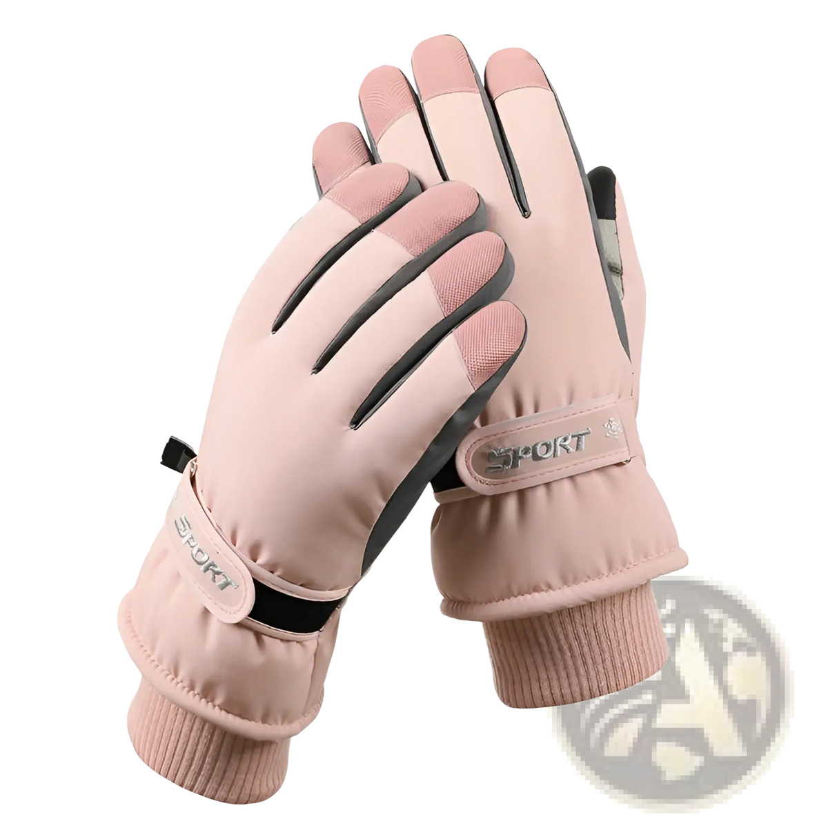 Pink and black touchscreen winter cycling gloves with waterproof warm material and sporty design shown from the back side