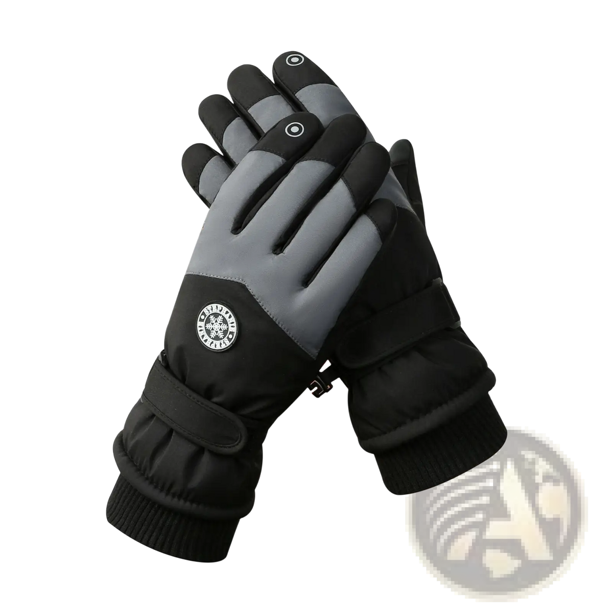 Black and gray waterproof touchscreen winter cycling gloves with padded wrist strap and zipper closure shown from the back side